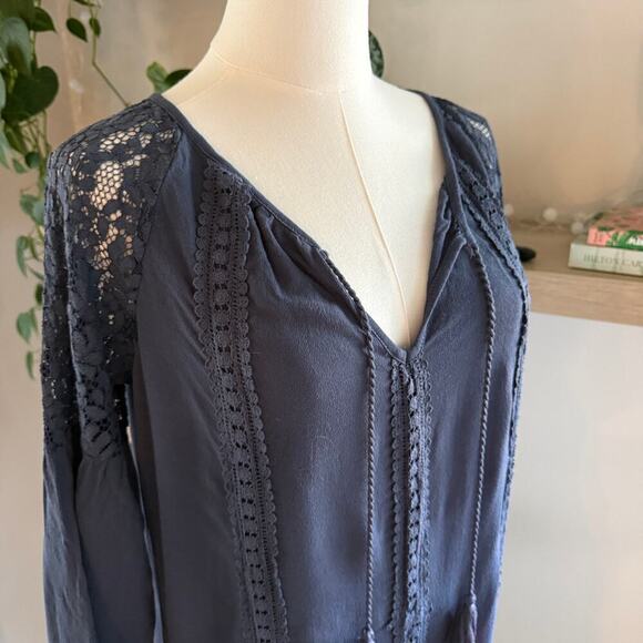 Knox Rose Navy Blue Boho Crochet Lace Tassel Tunic Peasant Dress Medium Festival - Picture 6 of 12
